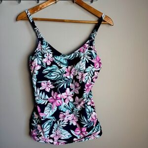 Krista Women's‎ Large Dark Floral Tankini Swim Top Spaghetti Straps Multicolor
